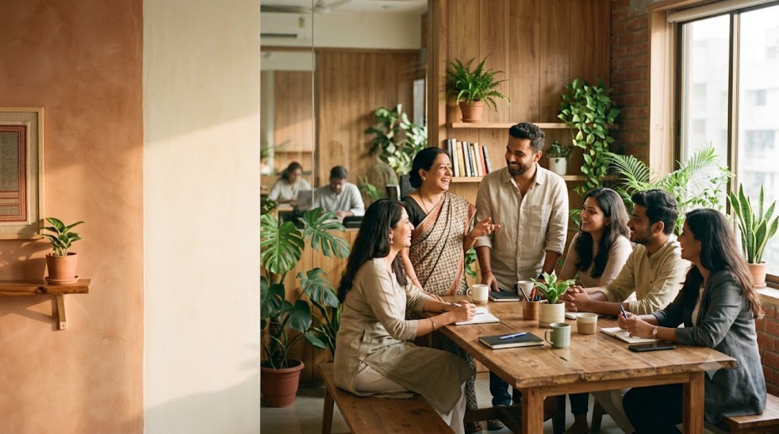 A team in warm conversation in a sunlit office